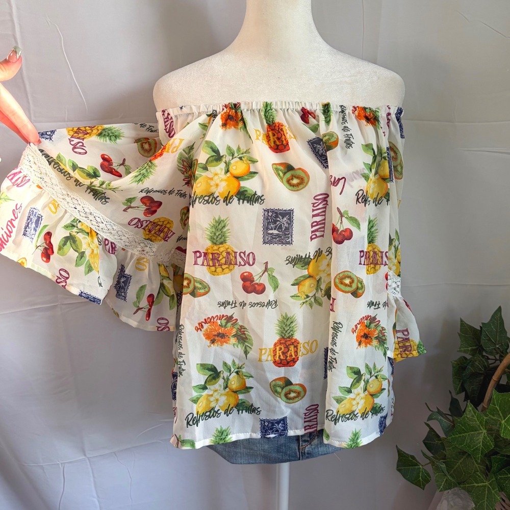 Euro Summer Tropical Fruit Print Off Shoulder Bell Sleeve Blouse‎ XL White